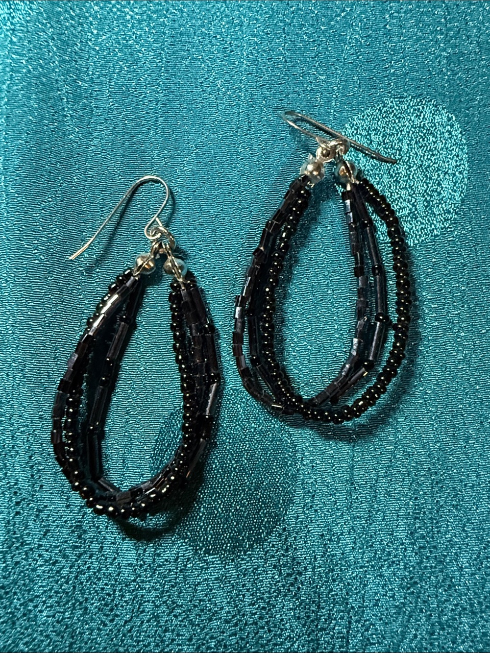 Black Multi-Strand Beaded Teardrop Earrings